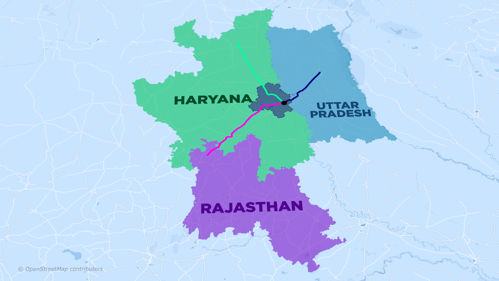 A map of Phase One of the Delhi RRTS, showing connections to Uttar Pradesh, Haryana and Rajasthan