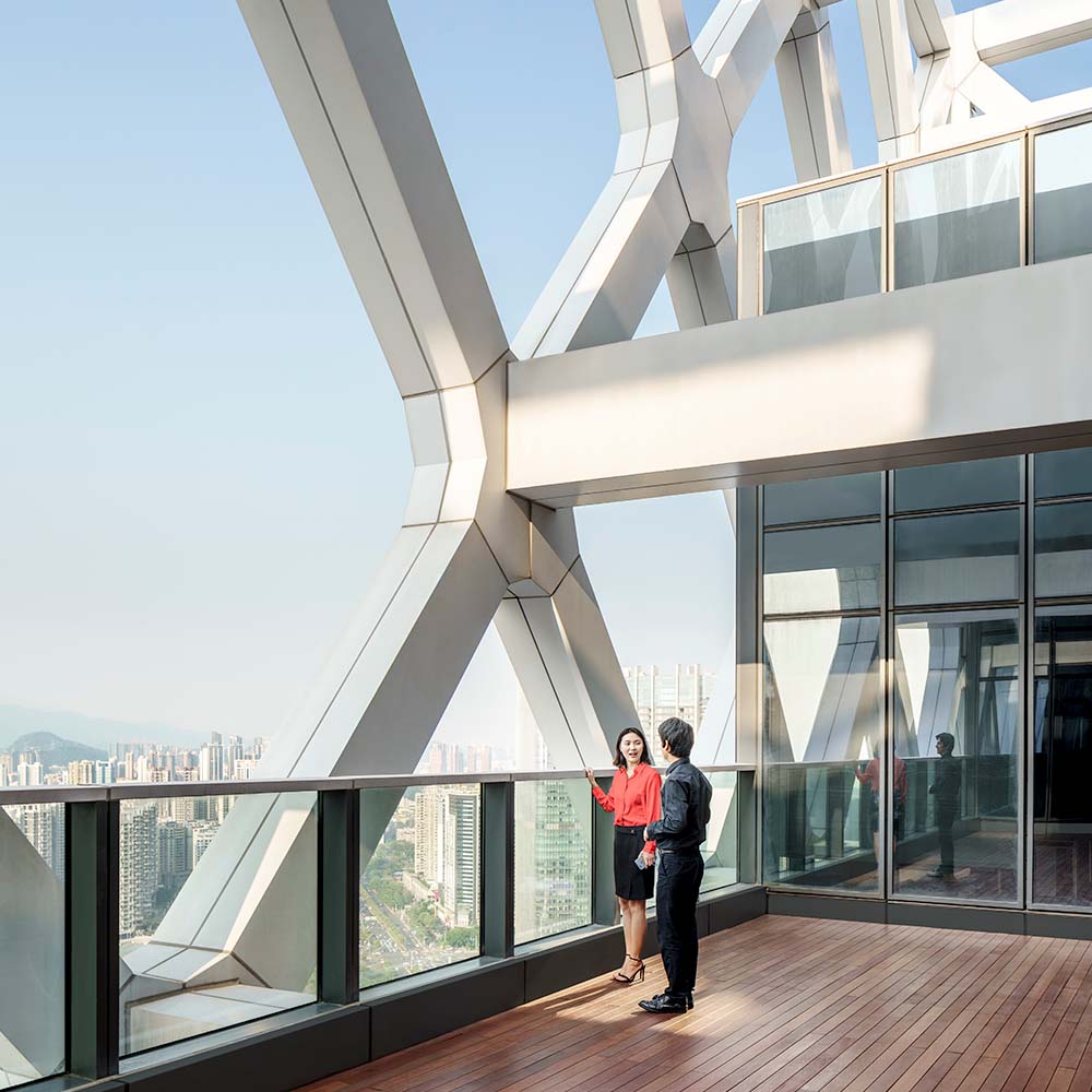 A detailed view of the diagrid, from an exterior terrace