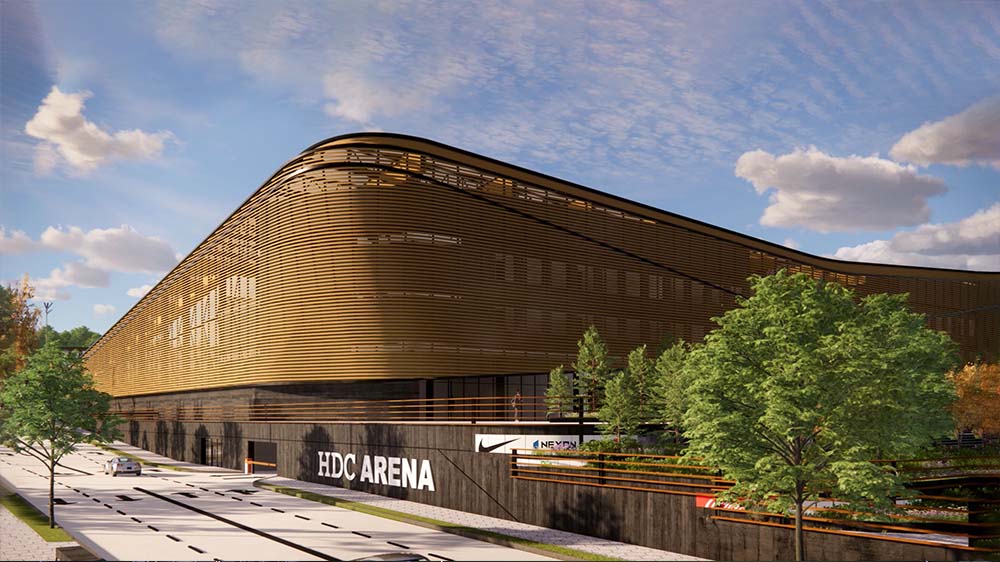 A rendering of the HDC Arena, showing off its use of timber