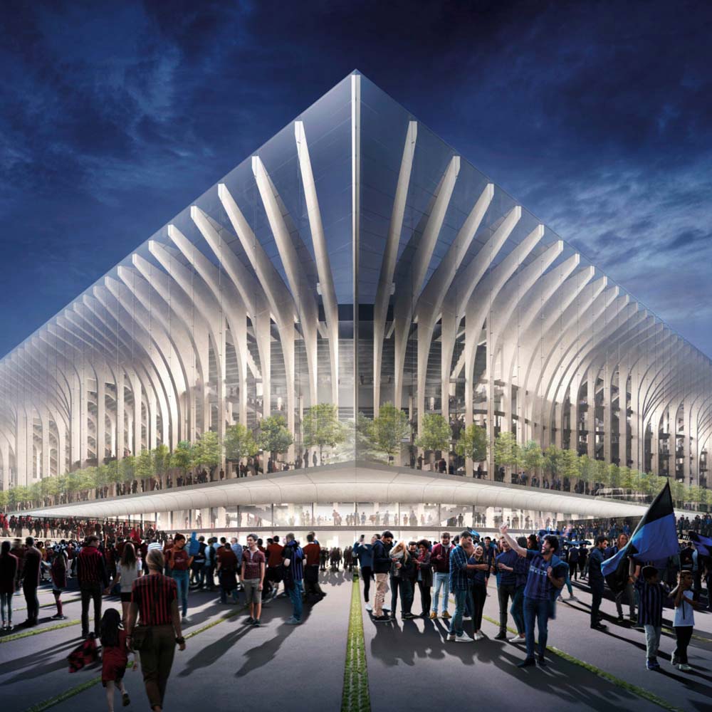 An architectural rendering of the proposed new stadium, showing an evening view at street level.