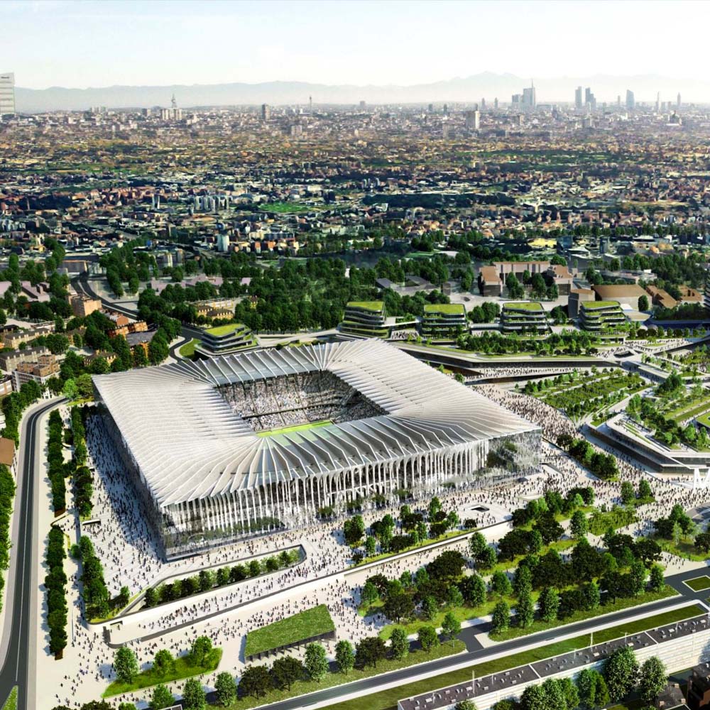 An overhead rendering of the proposed stadium, showing how it will fit into its surroundings