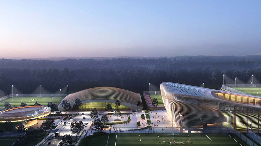 A rendering of the project at dusk